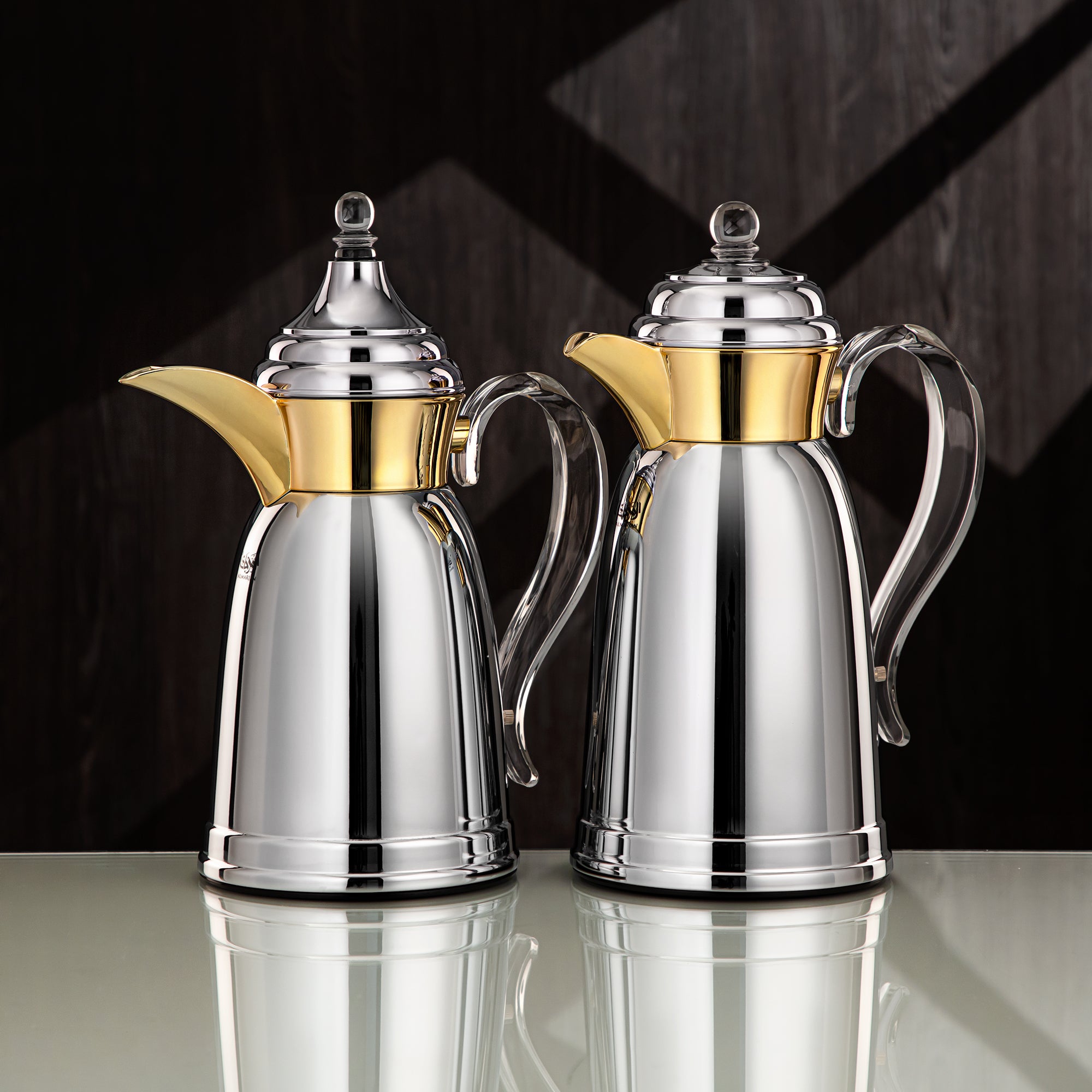 Almarjan Vacuum Flask Set - 0.7L & 1L, Silver & Gold Finish, Metal (SM-2A29-070/100 C/G) - Classic, Tea & Coffee