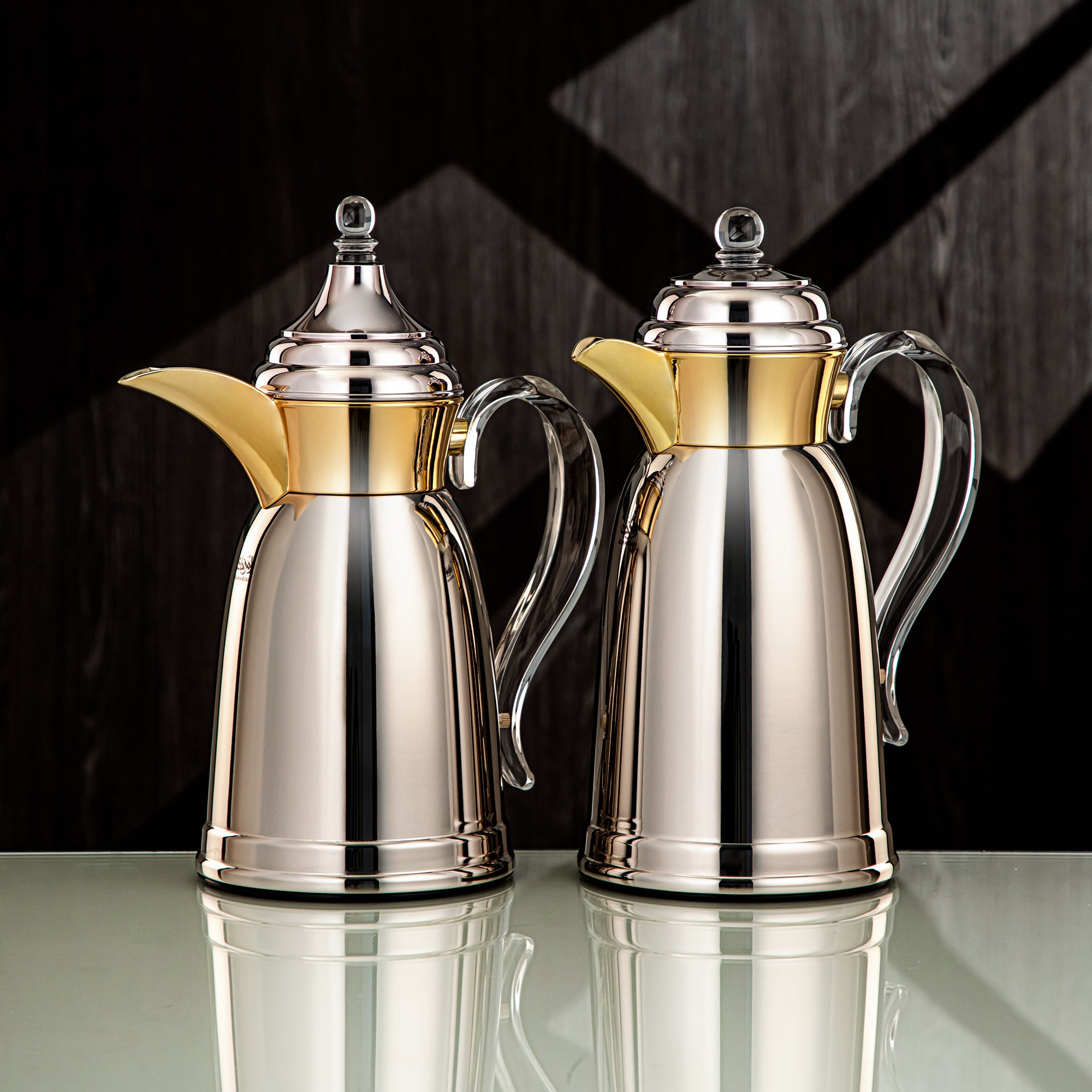 Almarjan Vacuum Flask Set - 0.7L & 1L, Nickel & Gold Finish, Metal (SM-2A29-070/100 NI/G) - Classic, Tea & Coffee