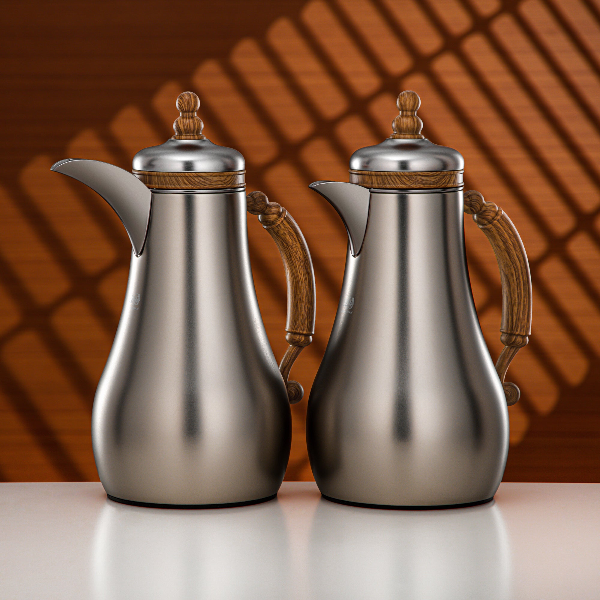 Almarjan Vacuum Flask Set 1L + 1L Matt Nickel & Light Wood