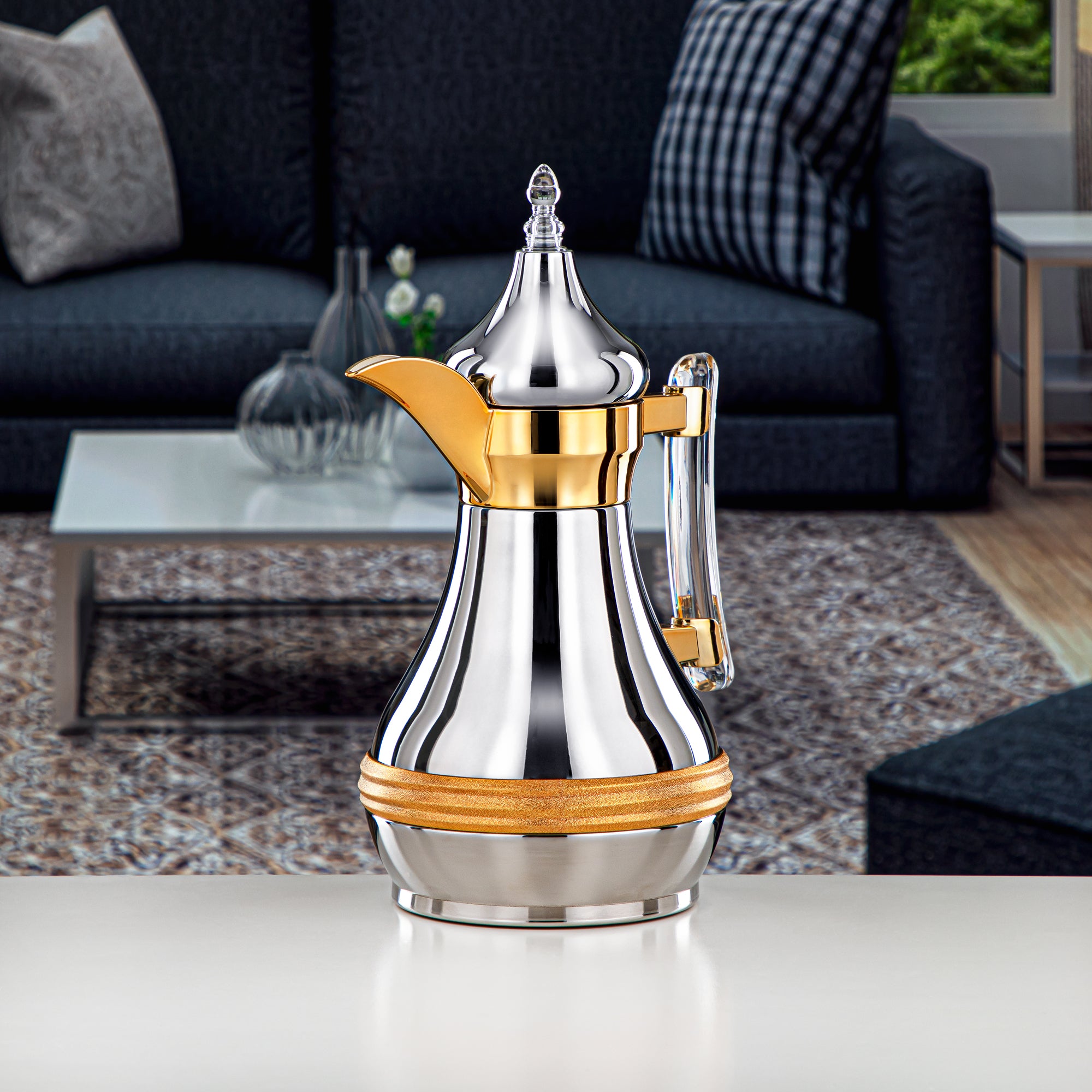 Almarjan 1 Liter Stainless Steel Vacuum Dallah Silver & Gold - SND-100CRG-CLR