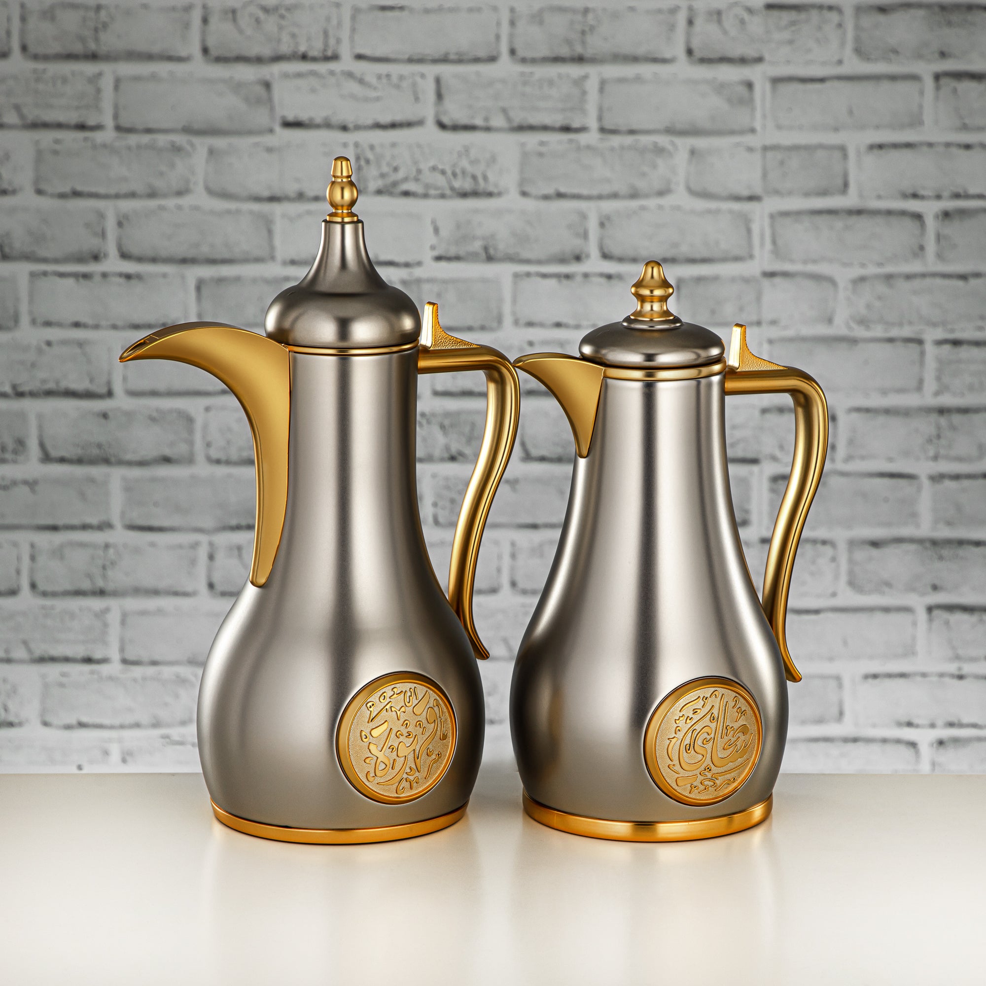 Almarjan Vacuum Flask Set, Push Button - 1L + 1L, Matt Silver & Matt Gold (SR-MNMG) - Classic and Elegant