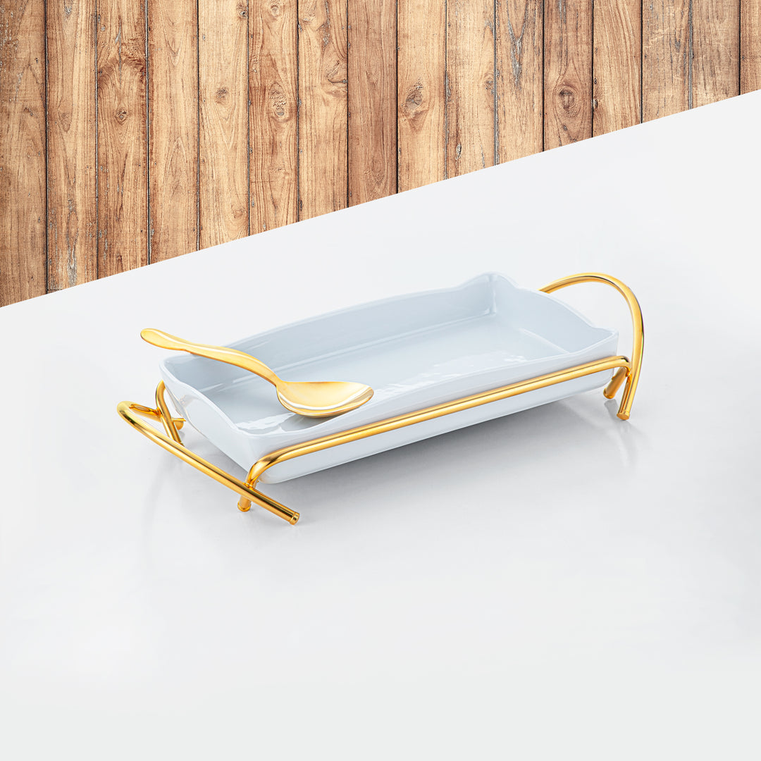 Almarjan Gold-Plated Rectangle Serving Tray with Porcelain Bowl - 40CM, Made in Italy