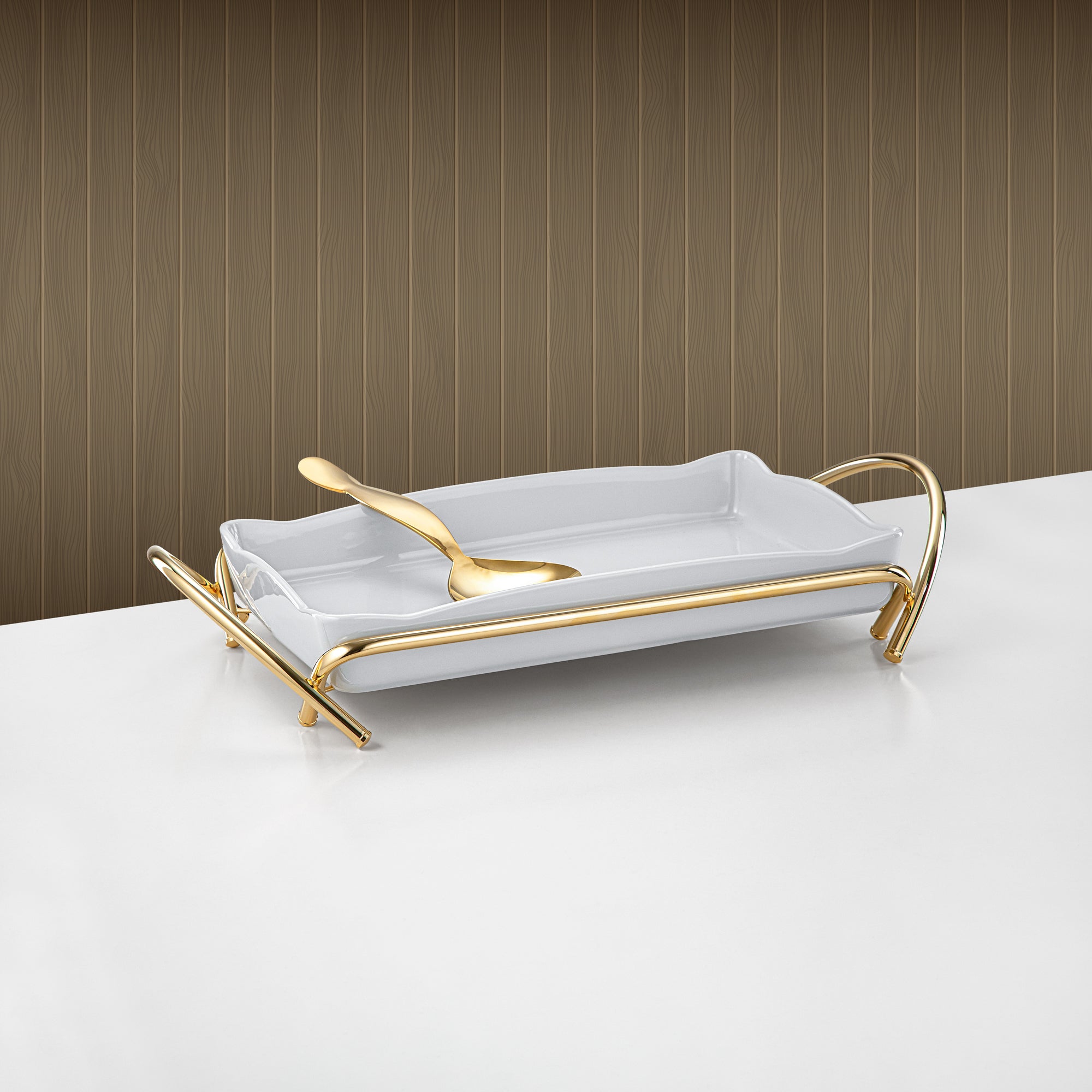 Almarjan Rectangular Serving Dish 35cm Gold & White