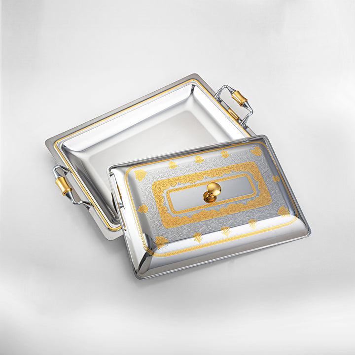 Almarjan 40 CM Teresa Collection Stainless Steel Rectangle Serving Tray With Cover Silver & Gold - STS2051220