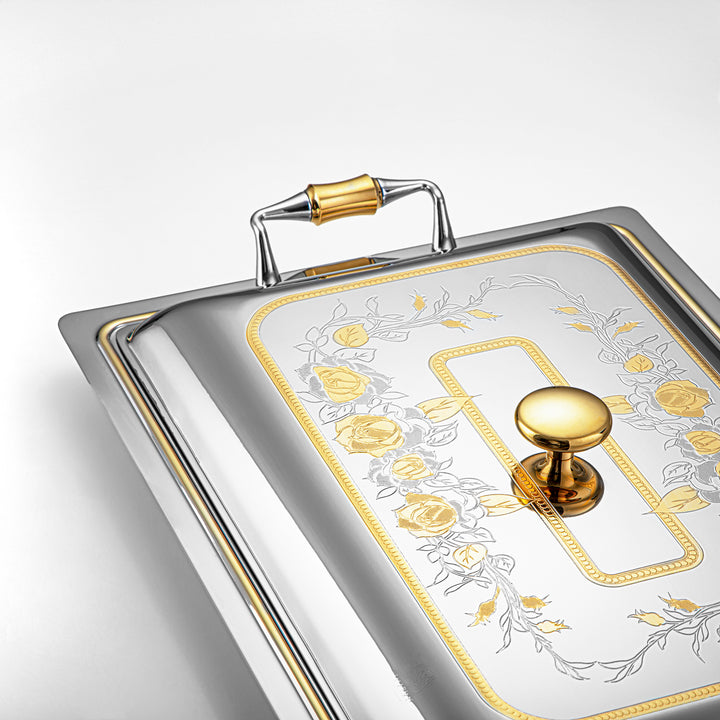 Almarjan 45 CM Lea Collection Stainless Steel Rectangle Serving Tray With Cover Silver & Gold - STS2051261