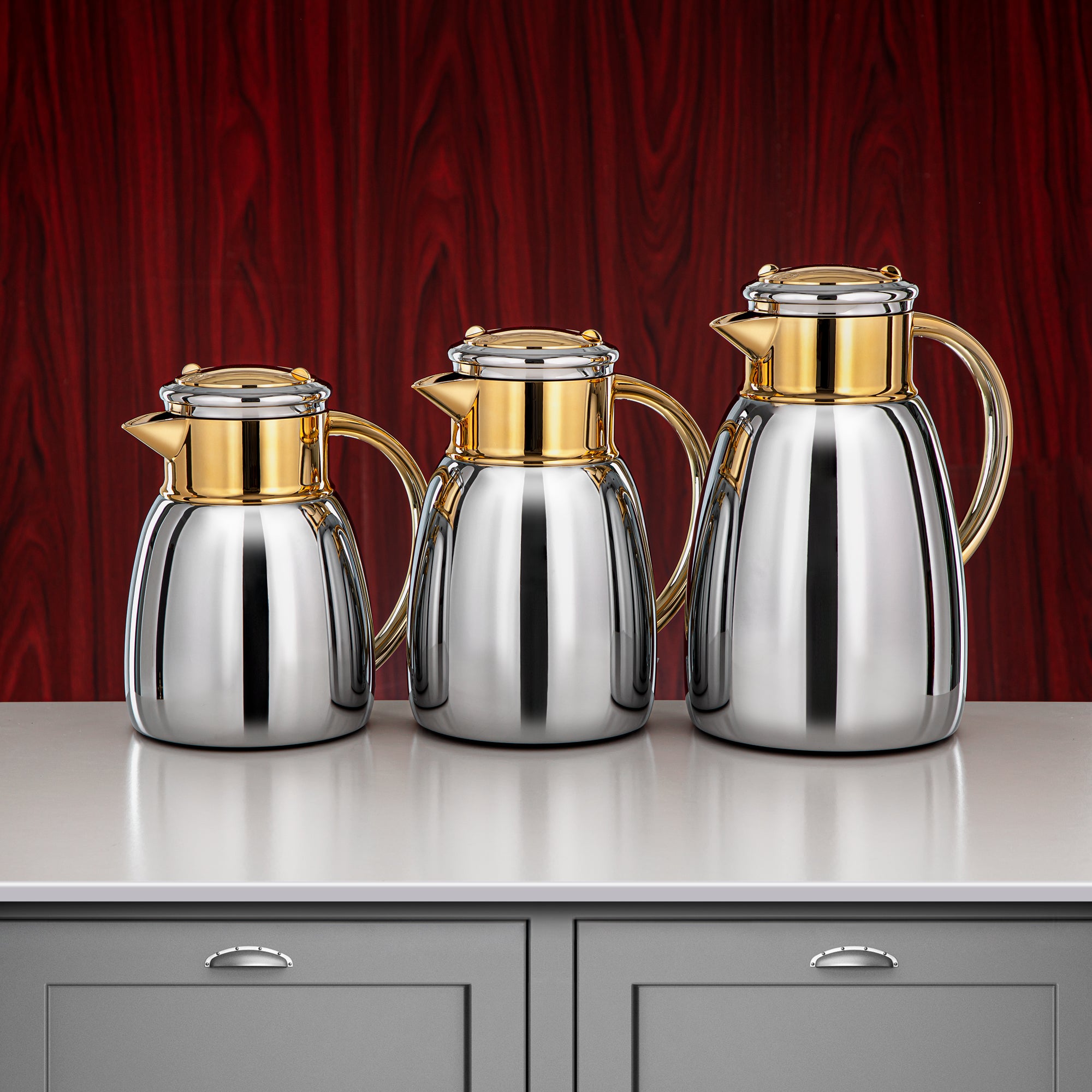 Almarjan Vacuum Flask Set, 0.35L + 0.65L + 1L, Silver & Gold (ULC-0350/0650/1000 CC95) - For Every Occasion