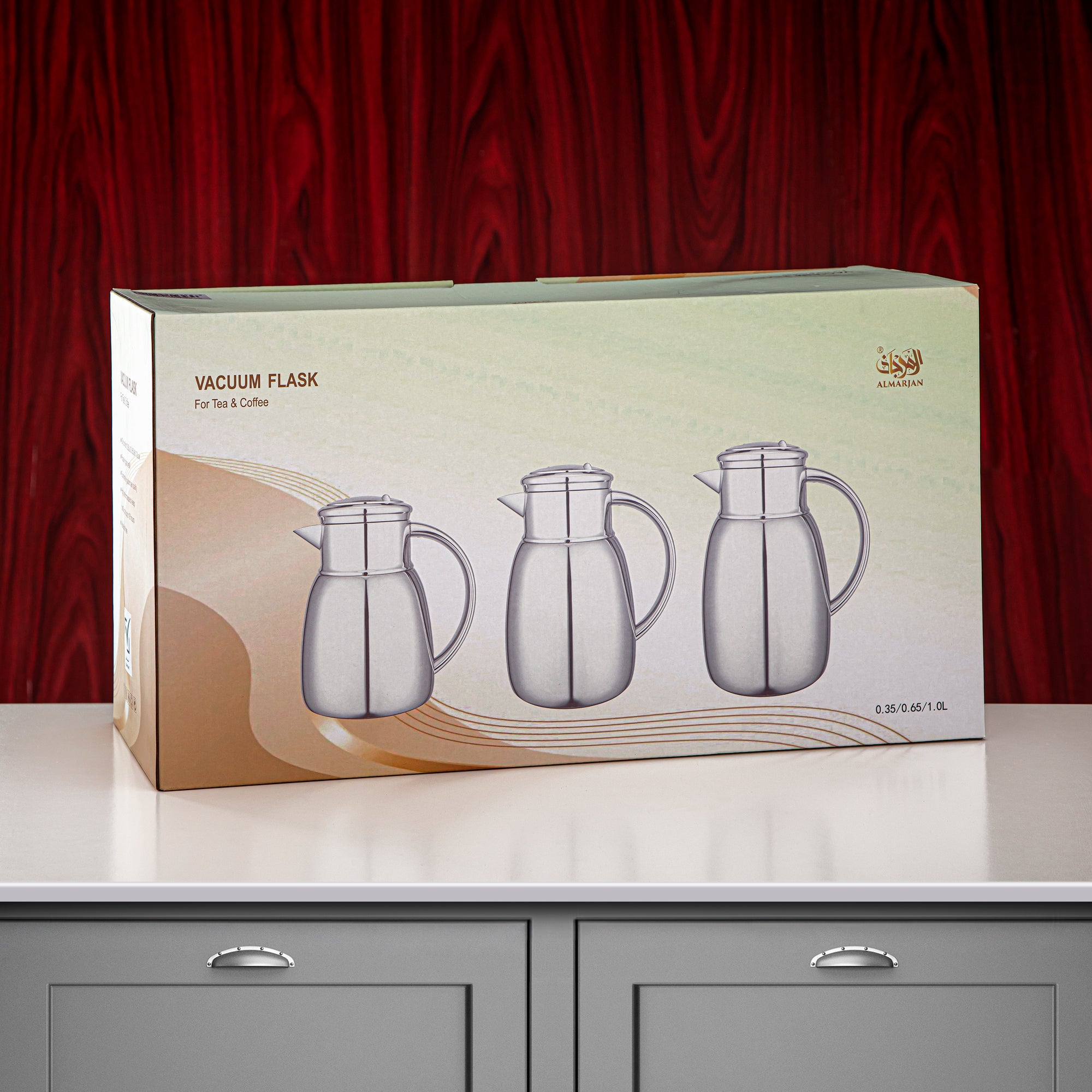 Almarjan Vacuum Flask Set, 0.35L + 0.65L + 1L, Silver & Matt Gold (ULC-0350/0650/1000 CE22) - For Every Occasion