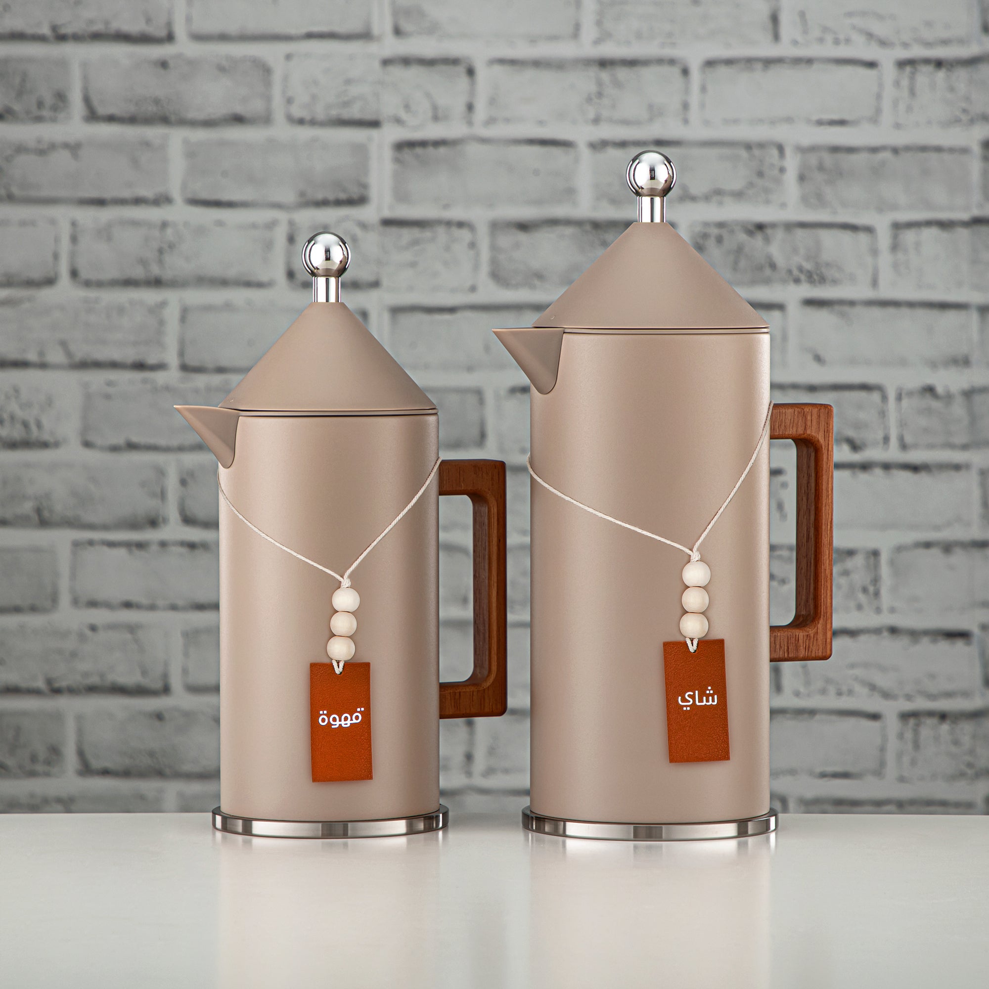 Almarjan Vacuum Flask Set Matt Beige & Wooden Handle 0.6L + 1L (VAF2950004 + TRHG-15) – Elegant Serving | Ramadan & Gatherings